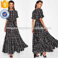 Frilled Sleeve Brush Stroke Grid Tiered Dress Manufacture Wholesale Fashion Women Apparel (TA3216D)